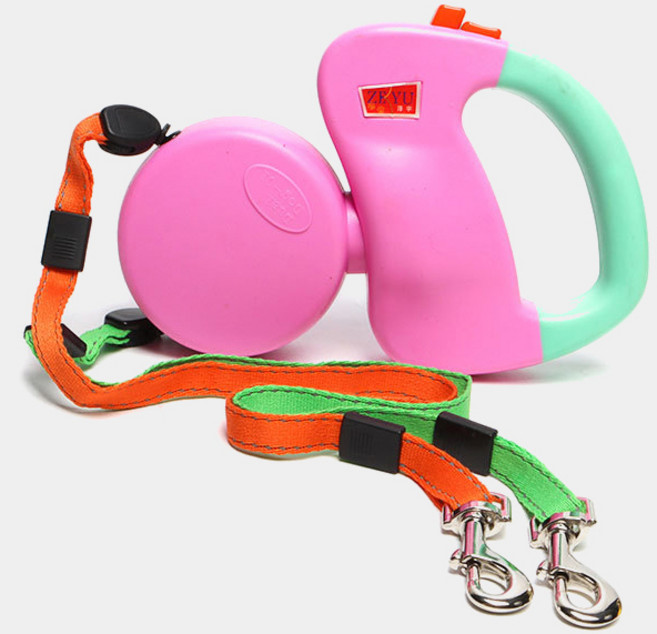 댕댕펫 강아지 버튼 듀얼 자동 리드줄, 핑크, 1개