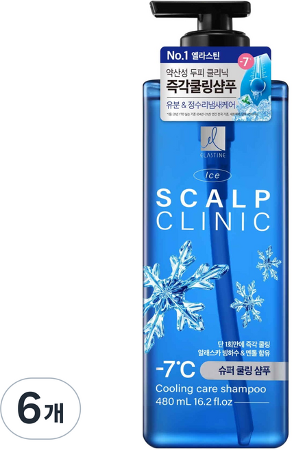 엘라스틴 아이스 스칼프 클리닉 슈퍼 쿨링 약산성 두피 샴푸, 6개, 480ml