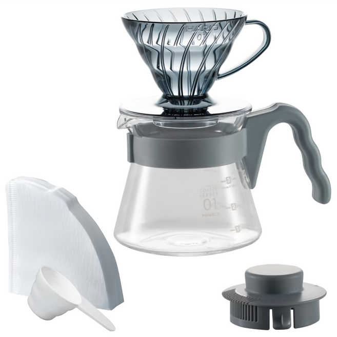 HARIO 好璃奧 V60 20周年摩登灰手沖咖啡壺組 VCSD-01-20CP-UG, 1套, 樹脂濾杯 + 玻璃咖啡壺 + 濾紙 + 量匙, 450ml