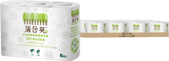 蒲公英 環保捲筒衛生紙 270張, 6捲, 16袋