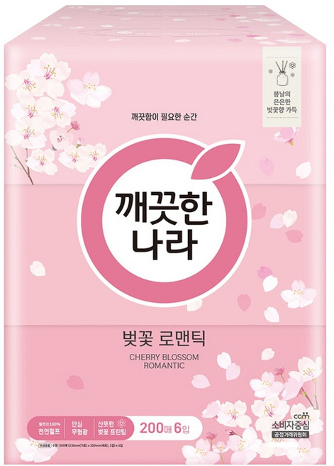 깨끗한나라 벚꽃 로맨틱 미용티슈 2겹, 200매, 6개