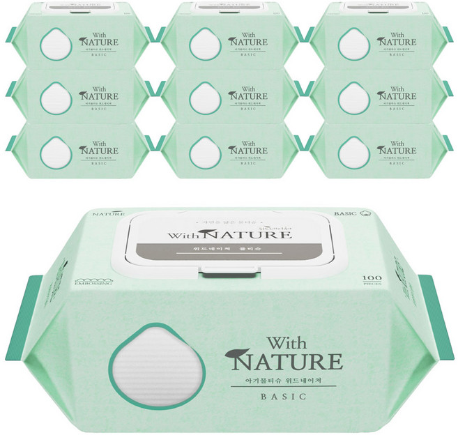 위드네이쳐 물티슈 베이직 캡형, 50g, 100매, 10개