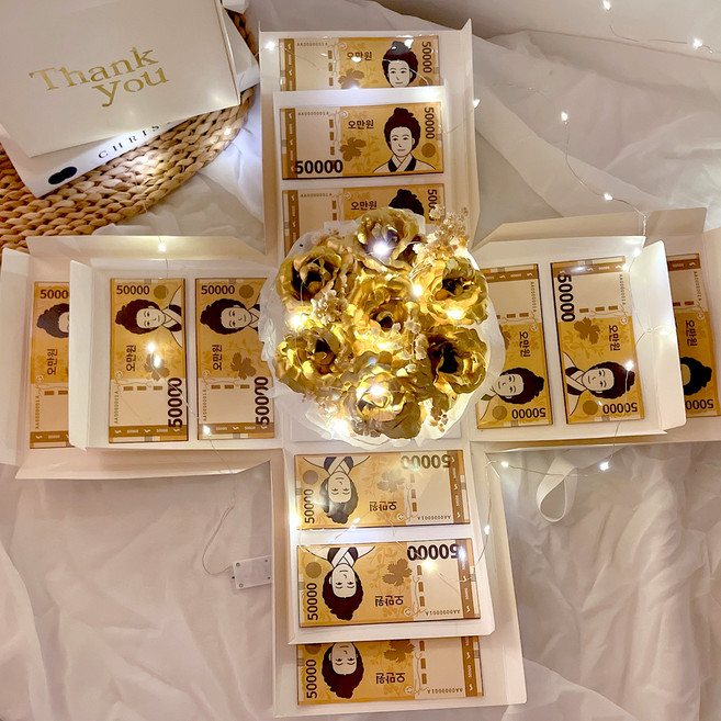 러블리팜 조화 서프라이즈 플라워 용돈 박스 + LED조명, 1개, 골드 장미