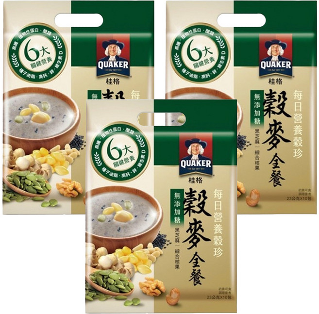 QUAKER 桂格 每日營養穀珍穀麥全餐 無添加糖 10包, 230g, 3袋