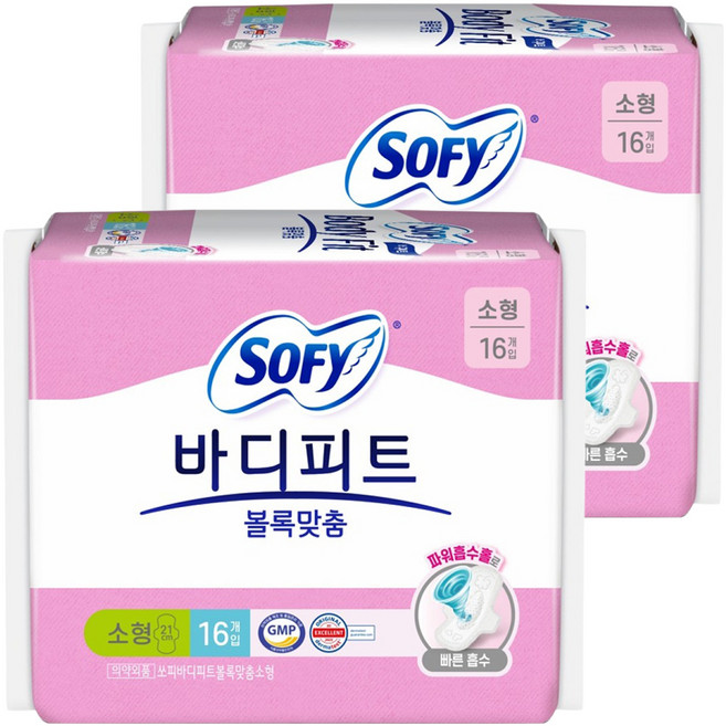 바디피트 볼록맞춤 생리대 날개형, 소형, 16개입, 2개