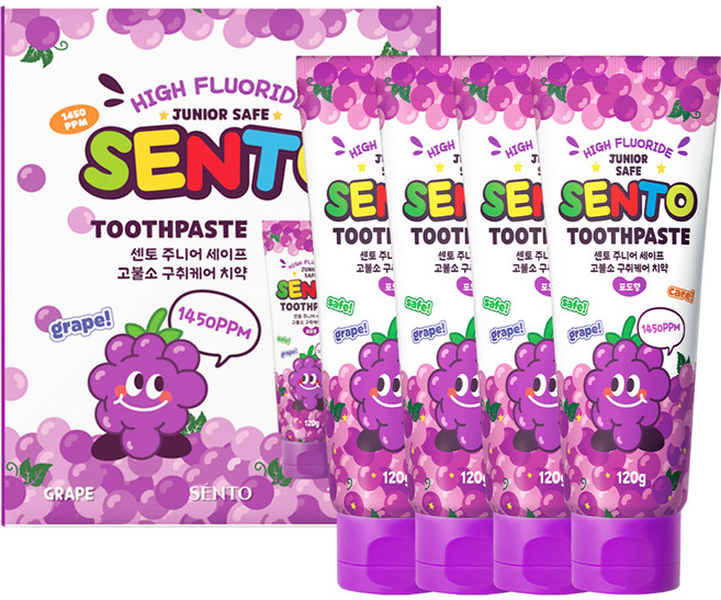 센토 주니어 세이프 고불소 구취케어 어린이치약 포도향, 120g, 4개