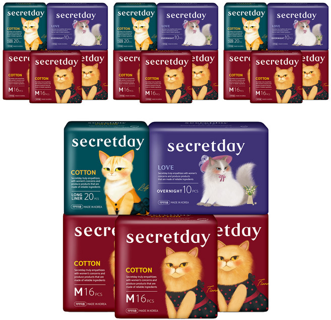 시크릿데이 생리대 코튼 중형 16p x 3팩 + 코튼 롱 팬티라이너 20p + 러브 오버나이트 10p, 4세트