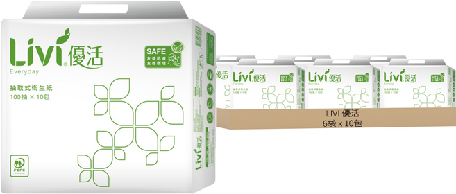 LIVI 優活 抽取式衛生紙 2層, 10包, 6袋