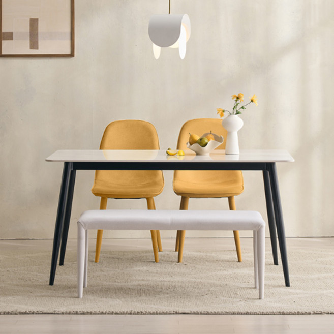 SAF 포코 식탁세트 4인용 1400 식탁 + 벤치 + 의자2p 세트 방문설치, 마블화이트(상판), 블랙(프레임), 아이보리(벤치), 머스타드(의자), 일반 2 + 벤치 1