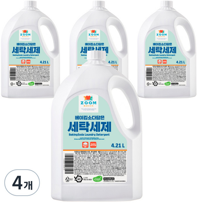 줌 베이직 베이킹소다 담은 액체 세탁세제, 4.21L, 4개