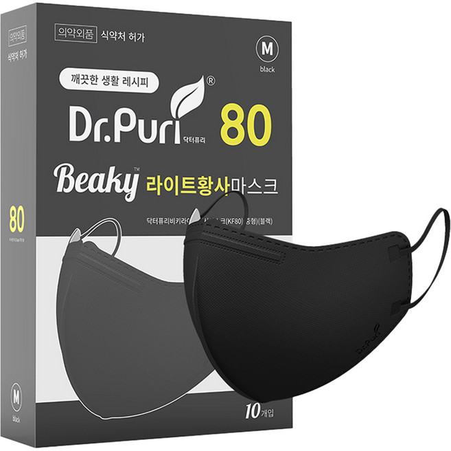 닥터퓨리 비키 라이트 황사 마스크 성인용 KF80 중형, 블랙, 1개, 10개입