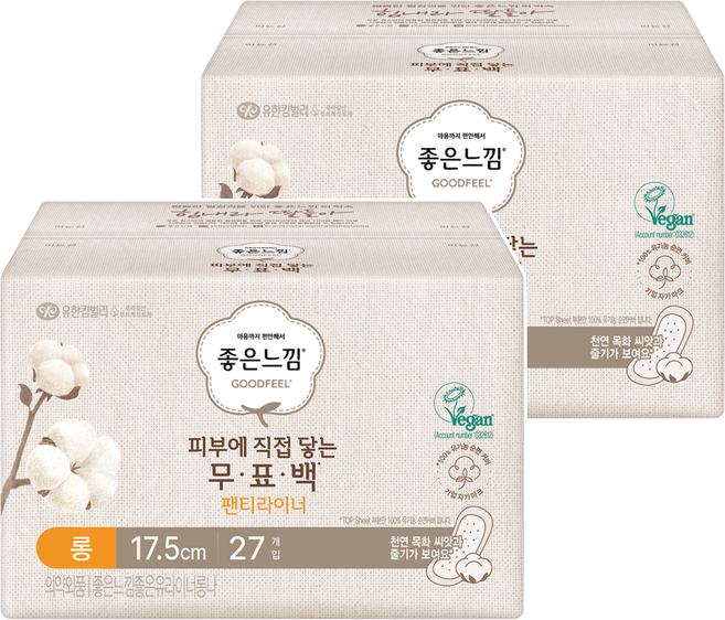 좋은느낌 피부에 직접 닿는 무표백 유기농 순면 팬티라이너, 롱, 27개입, 2개