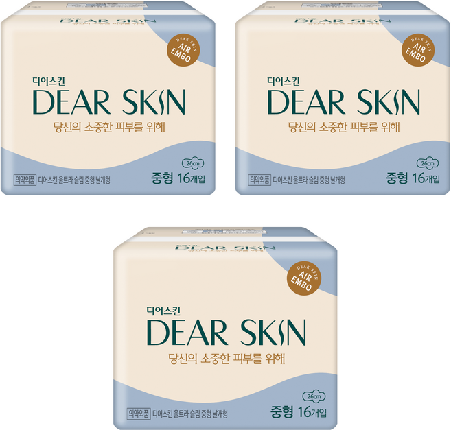 디어스킨 에어엠보 울트라 슬림 생리대 날개형, 중형, 16개입, 3개