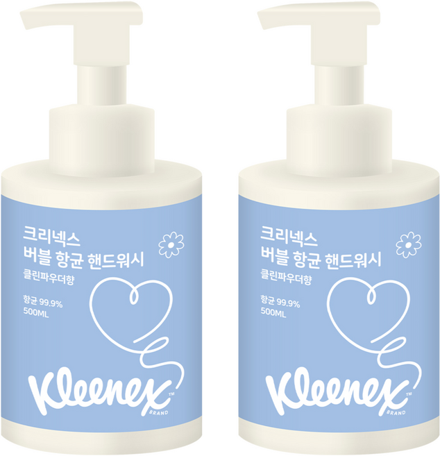크리넥스 버블 향균 핸드워시 클린파우더향, 500ml, 2개