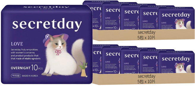 secretday 韓國原裝進口 Love系列 蝶翼衛生棉, 夜用型(36cm), 10片, 10包
