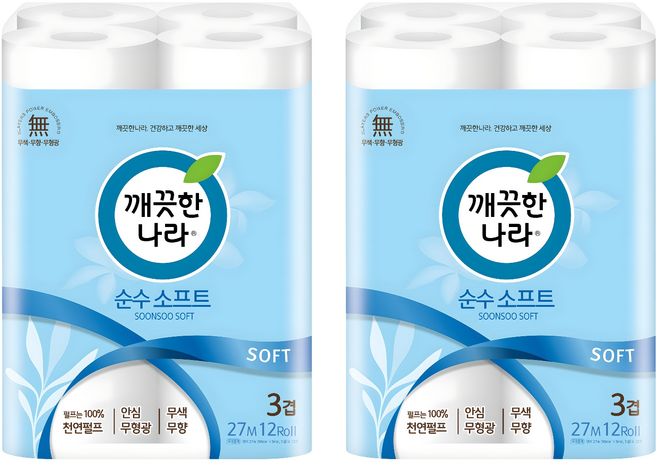 깨끗한나라 순수 소프트 3겹 화장지, 27m, 12롤, 2개