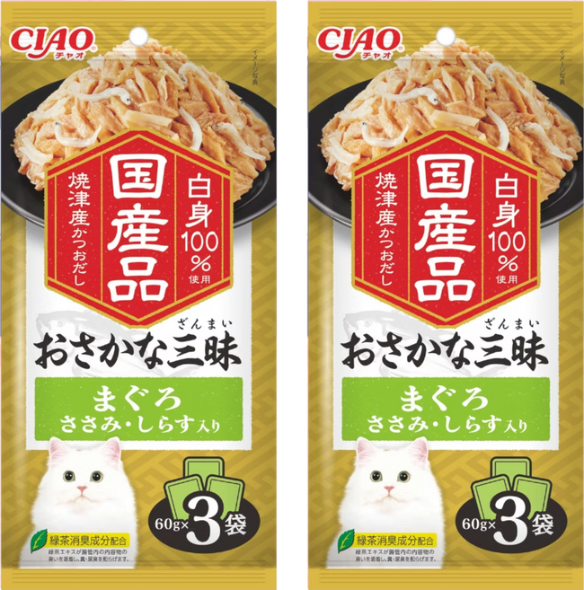 INABA CIAO 啾嚕 豪華魚三昧餐包, 鮪魚 + 雞肉 + 吻仔魚, 180g, 2袋