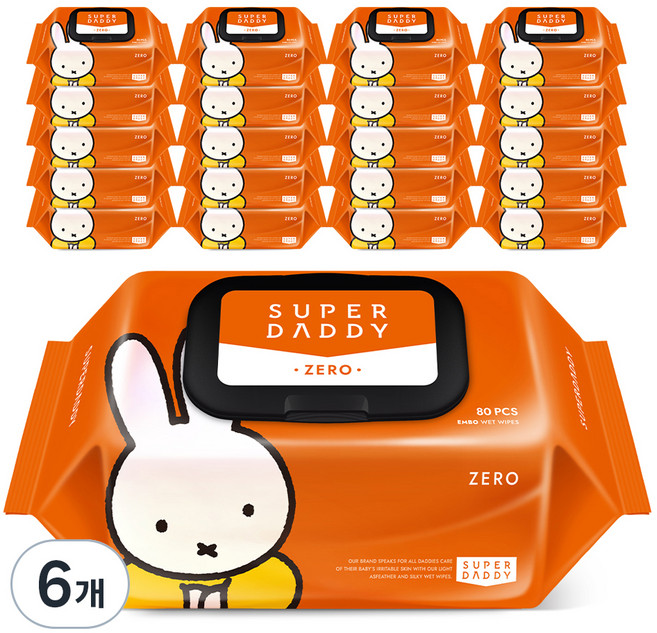 슈퍼대디 제로 유아물티슈 엠보싱 캡형, 55g, 80매, 6개