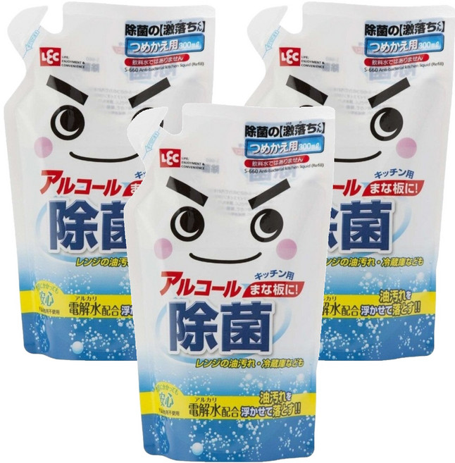 LEC 激落君 防菌電解水抗菌劑 補充包 300ml 廚房清潔 適用於砧板, 3包