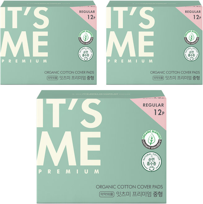 잇츠미 프리미엄 유기농 순면커버 생리대 날개형, 중형, 12개입, 3개