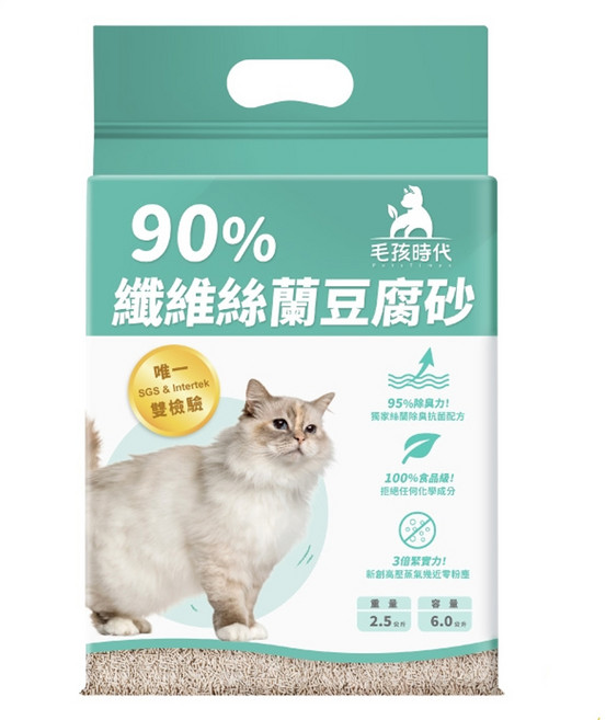PetsTimes 毛孩時代 90%纖維絲蘭豆腐砂 6L, 2.5kg, 1包, 無香味