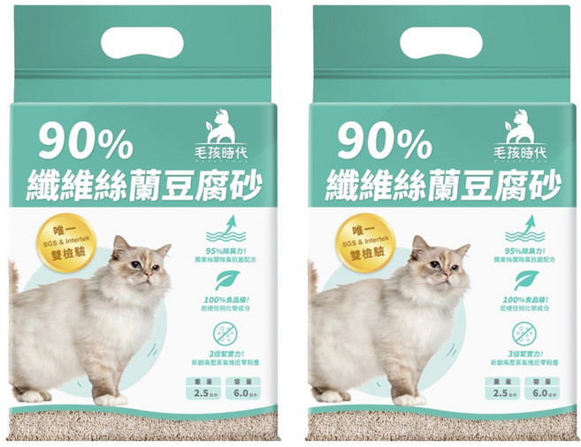 PetsTimes 毛孩時代 90%纖維絲蘭豆腐砂 6L, 2.5kg, 2包, 無香味