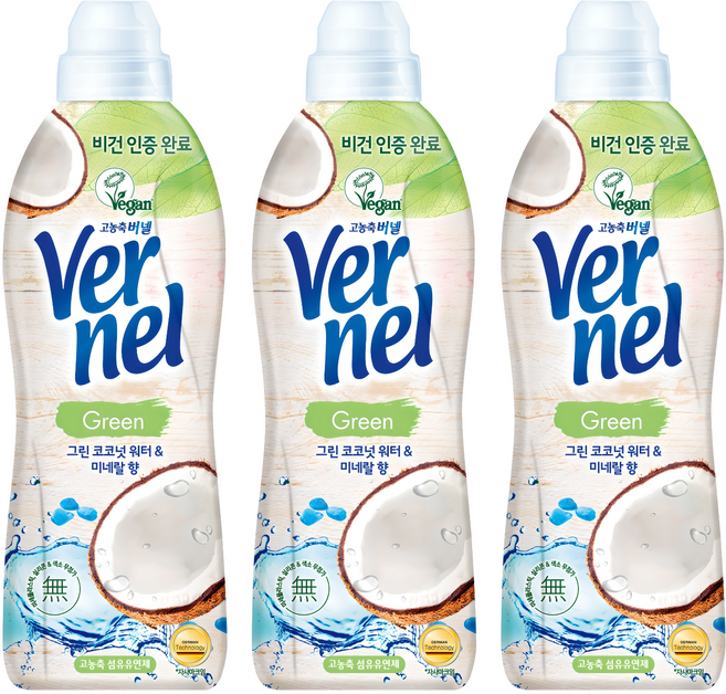 버넬 그린 섬유유연제 코코넛 워터 앤 미네랄 본품, 900ml, 3개