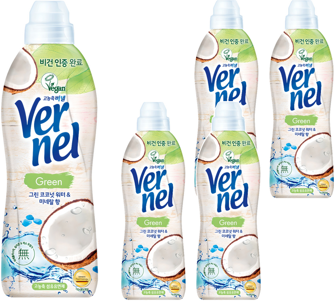 버넬 그린 섬유유연제 코코넛 워터 앤 미네랄 본품, 900ml, 5개