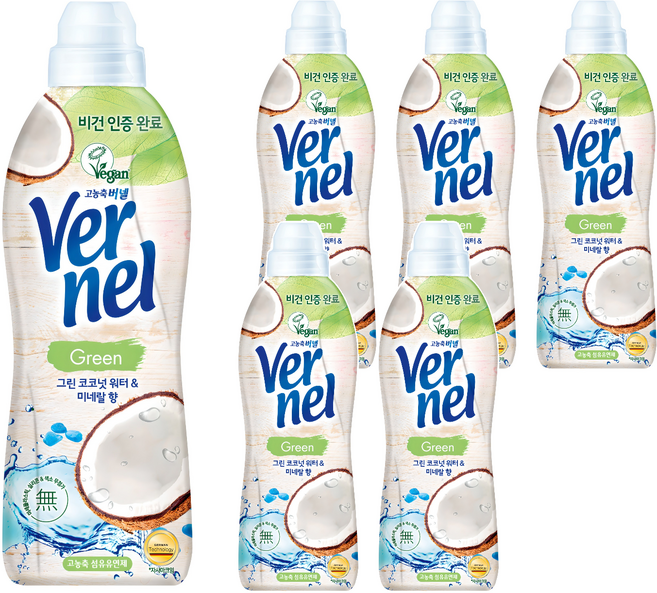 버넬 그린 섬유유연제 코코넛 워터 앤 미네랄 본품, 900ml, 6개