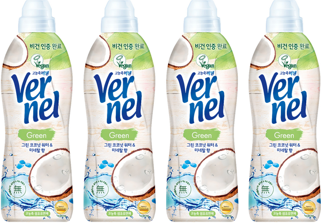 버넬 그린 섬유유연제 코코넛 워터 앤 미네랄 본품, 900ml, 4개