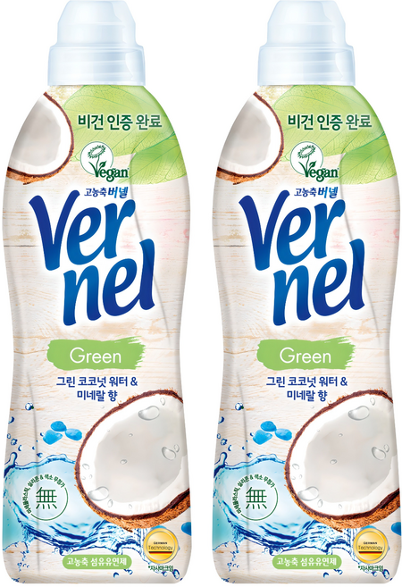 버넬 그린 섬유유연제 코코넛 워터 앤 미네랄 본품, 900ml, 2개