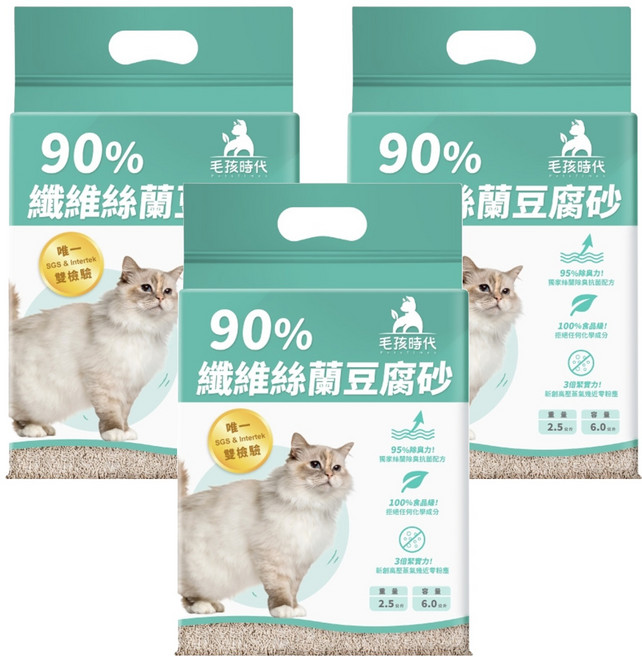 PetsTimes 毛孩時代 90%纖維絲蘭豆腐砂 6L, 2.5kg, 3包, 無香味