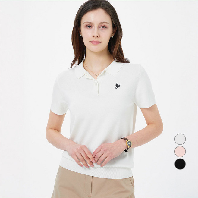 ELLE PARIS 여성용 시그니처 로고 자수 데일리 카라 반팔 니트