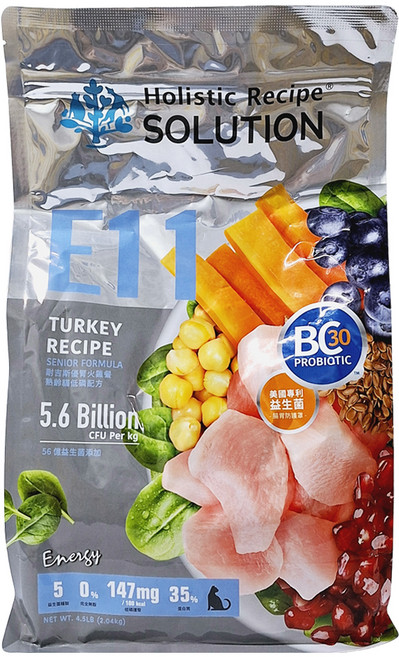 Holistic Recipe SOLUTION 耐吉斯 熟齡貓用 E11 優腎火雞餐 無穀低磷配方乾飼料, 2.04kg, 火雞, 1袋