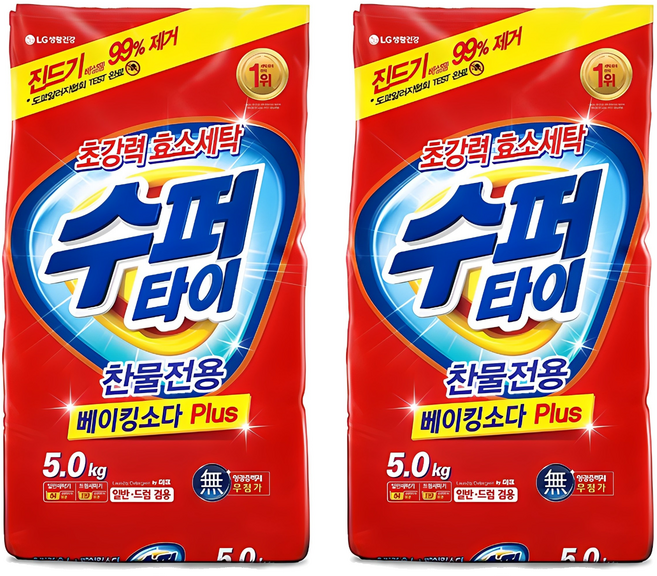 수퍼타이 찬물전용 일반드럼 겸용 분말세제 리필, 5kg, 2개