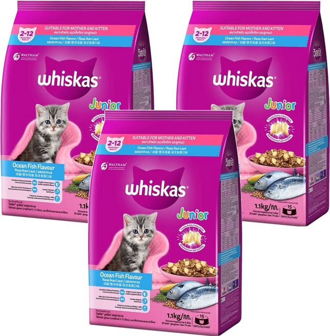 whiskas 偉嘉 幼貓/懷孕母貓專用 乾飼料, 海洋魚類口味, 1.1kg, 3袋