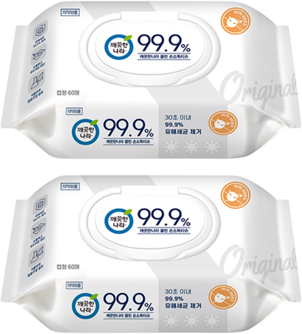 깨끗한나라 클린 손소독티슈 프라임 캡형, 60매, 2개