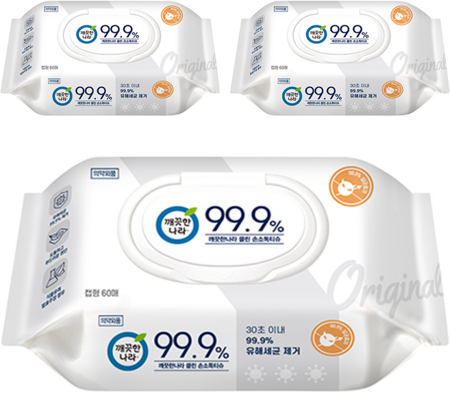 깨끗한나라 클린 손소독티슈 프라임 캡형, 60매, 3개