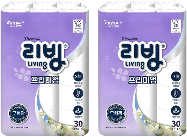 리빙티슈 프리미엄 3겹 롤화장지, 30m, 30개입, 2개