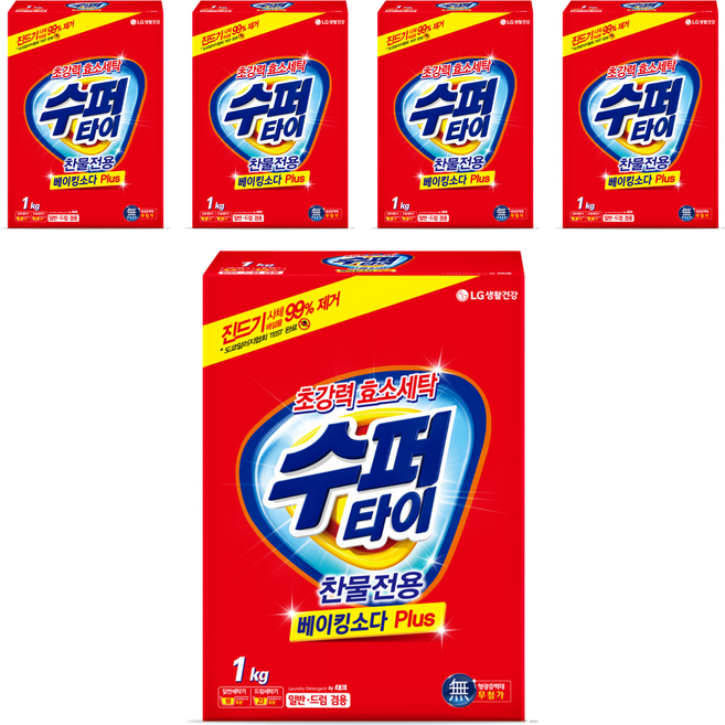 수퍼타이 뉴 찬물전용 베이킹소다 플러스 분말세제 본품, 1kg, 5개