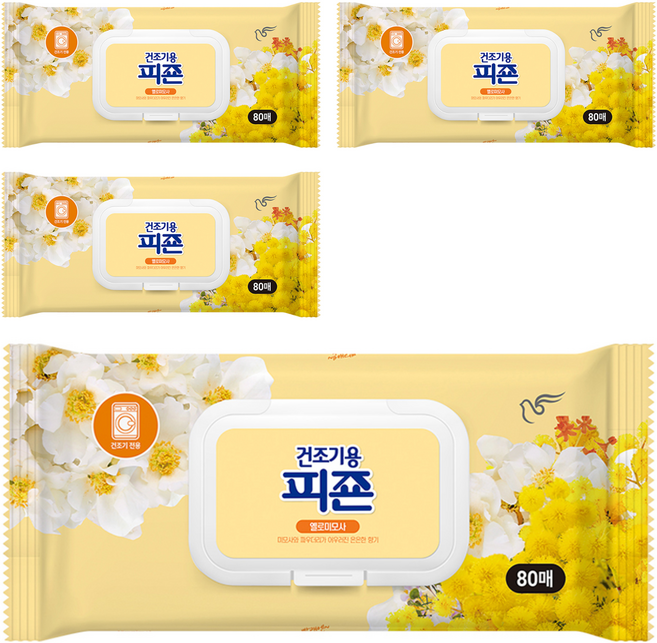 피죤 건조기용 오리지널 드라이시트 섬유유연제 옐로미모사 본품, 80개입, 4개