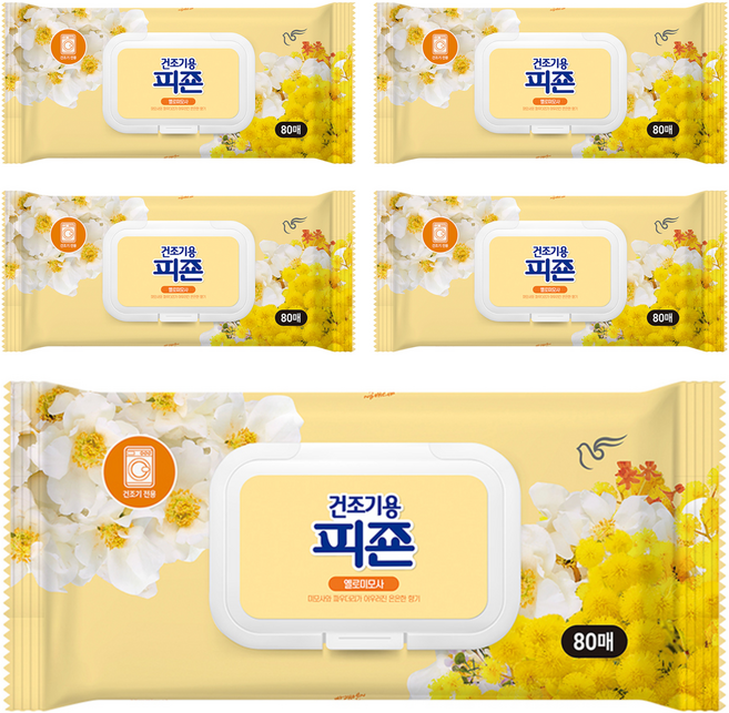 피죤 건조기용 오리지널 드라이시트 섬유유연제 옐로미모사 본품, 80개입, 5개