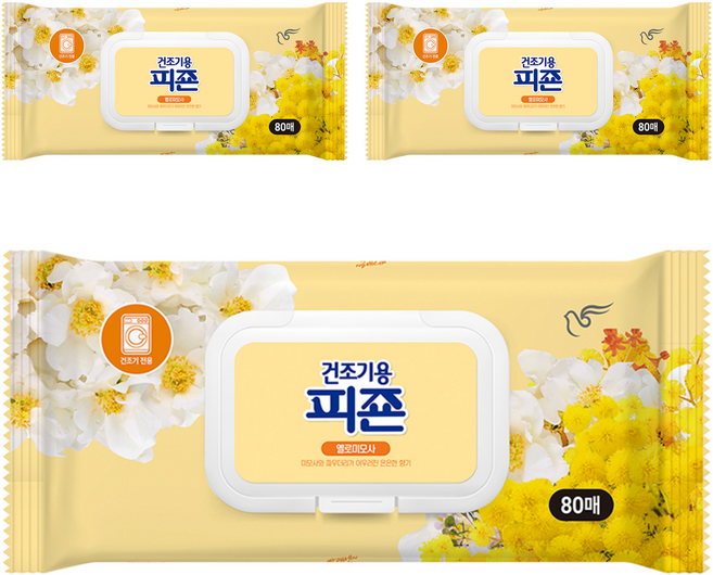 피죤 건조기용 오리지널 드라이시트 섬유유연제 옐로미모사 본품, 80개입, 3개