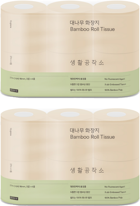 생활공작소 대나무 천연펄프 3겹 고급롤화장지, 27m, 6개입, 2개