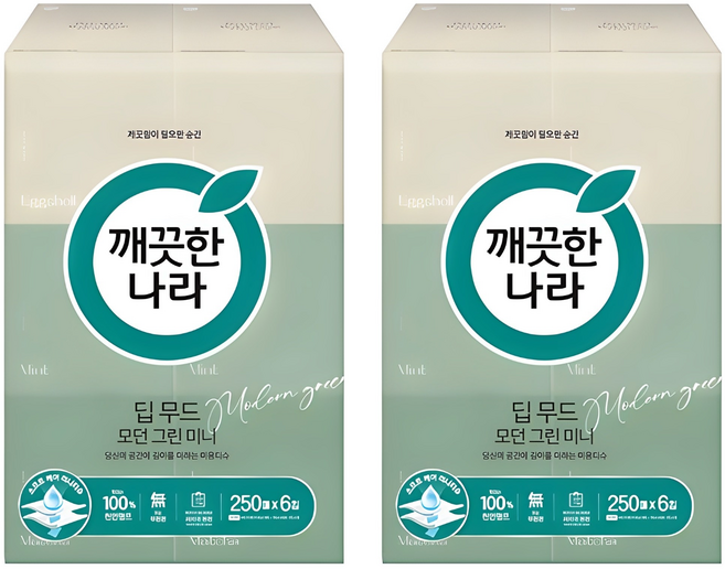 깨끗한나라 딥 무드 모던 그린 천연펄프 미니 미용티슈 2겹, 250매, 12개