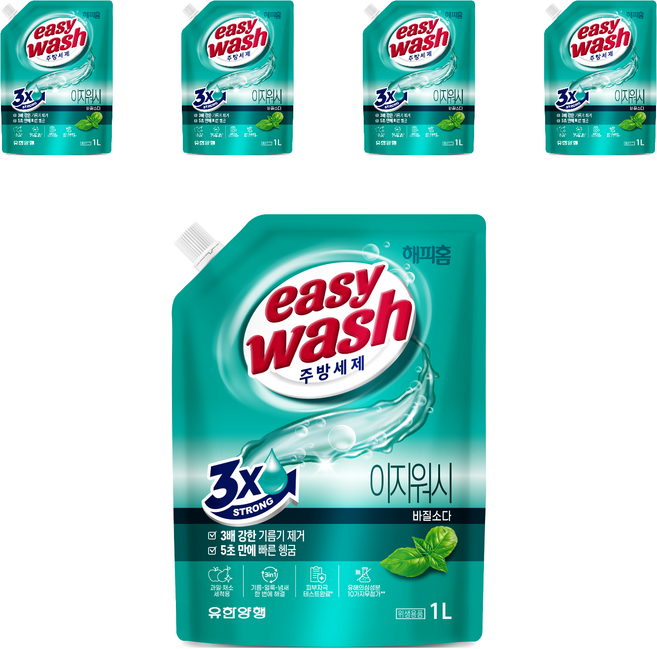 HAPPYHOME 廚房洗潔精 Easy Wash 羅勒蘇打 補充包, 5個, 1L