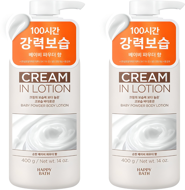 해피바스 크림인 고보습 바디로션 베이비 파우더향, 400g, 2개