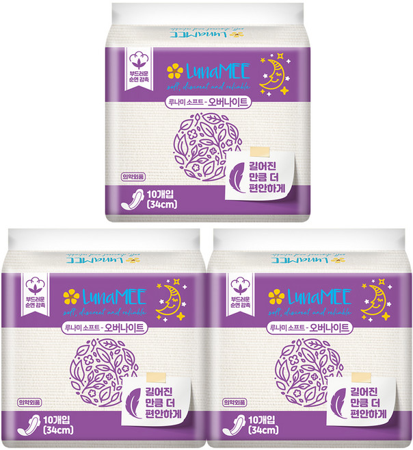 루나미 소프트 국내산 오버나이트 날개형, 패드형, 10개입, 3개
