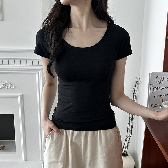 라라온 여성용 U넥 스판 슬림핏 무지 반팔 티셔츠 TSP1900