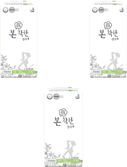 유기농본 착한 생리대 날개형, 대형, 28개입, 3개